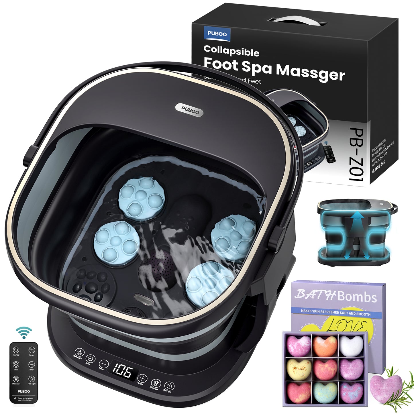 Puboo Foot Spa Gift Set with Heated Collapsible Foot Bath & Bath Bombs